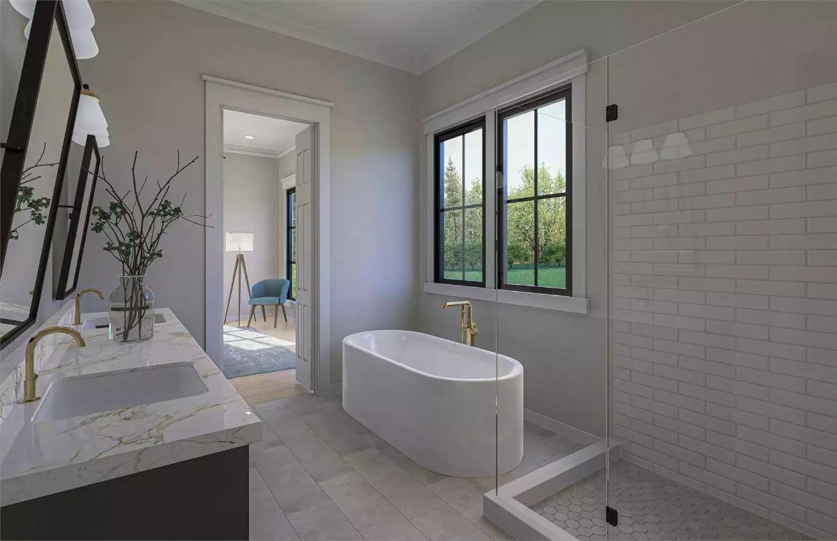 Notice the Freestanding Tub and Soft Light in This Modern Craftsman Bathroom