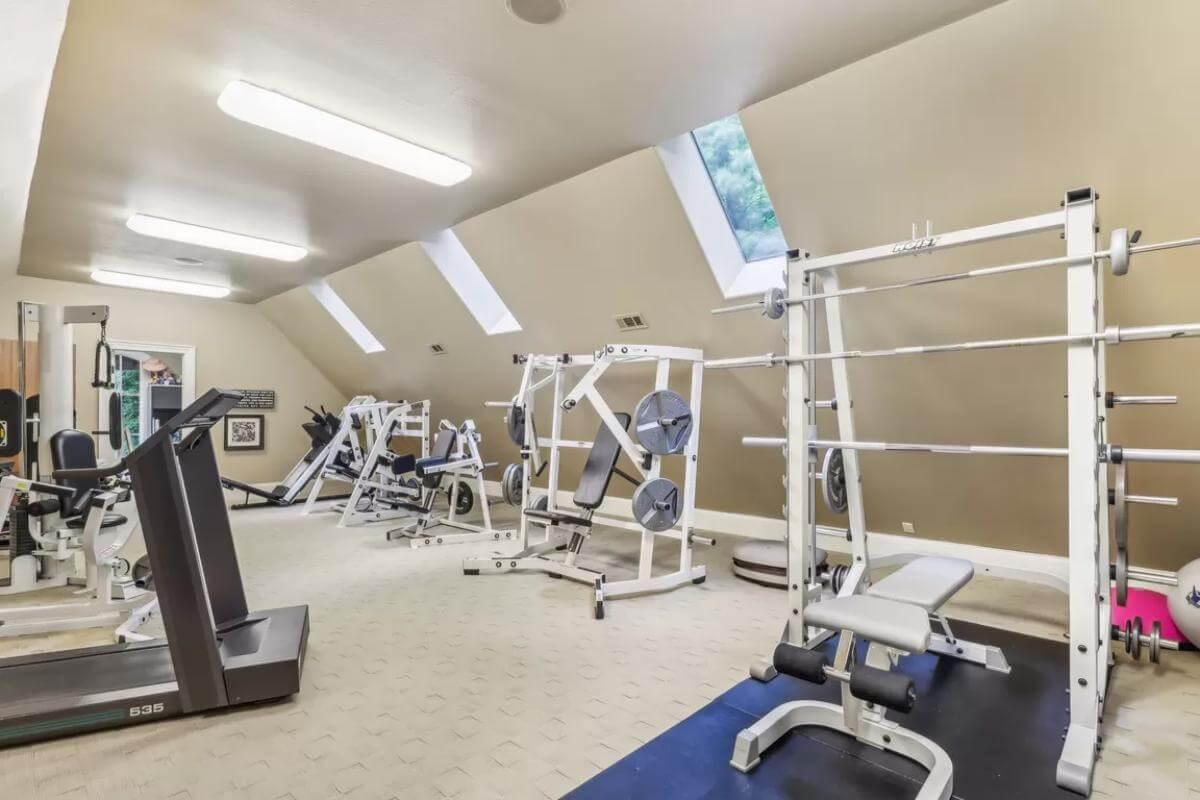 Spacious Home Gym with Skylights and Fitness Equipment