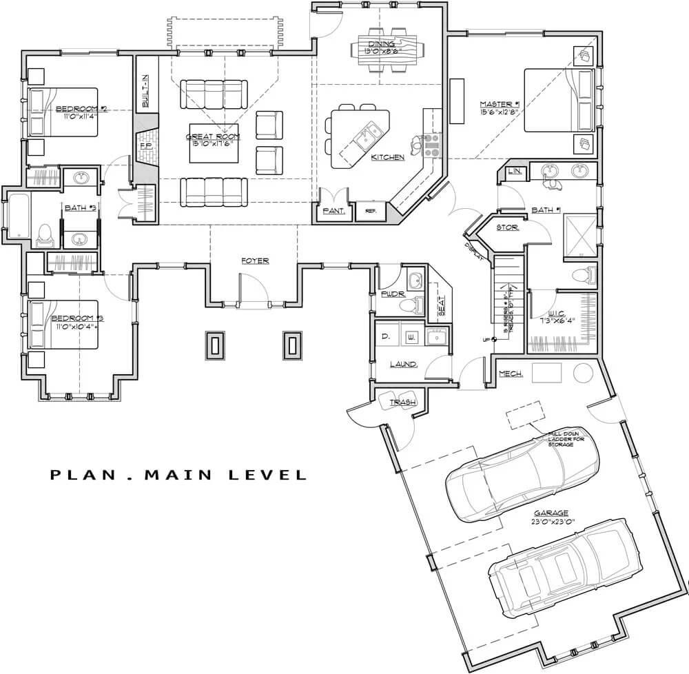 Expansive Craftsman Main Floor Layout with Two Charming Bedrooms