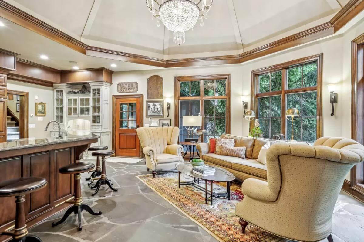 Wow, Check Out the Octagonal Ceiling and Heritage Chandelier in This Living Space