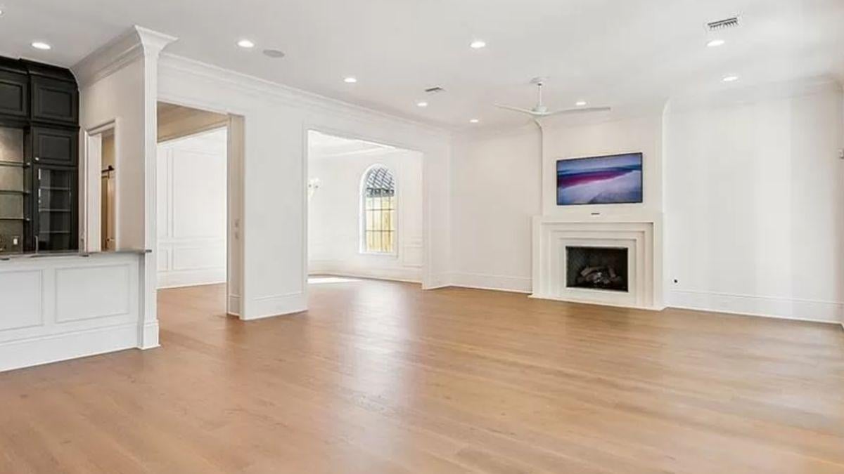 Open Living Space with Built-in Bar and Fireplace