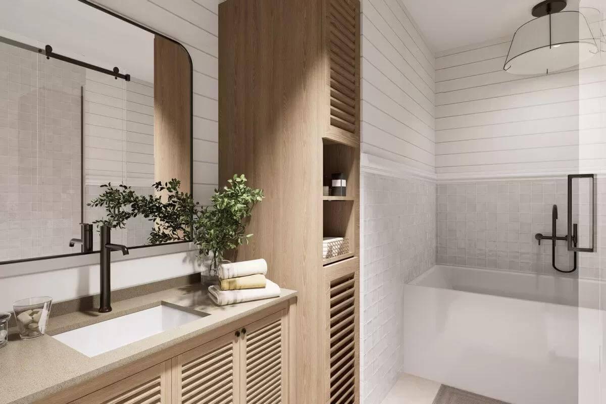 Notice the Natural Wood Accents and Sleek Fixtures in This Bathroom Design