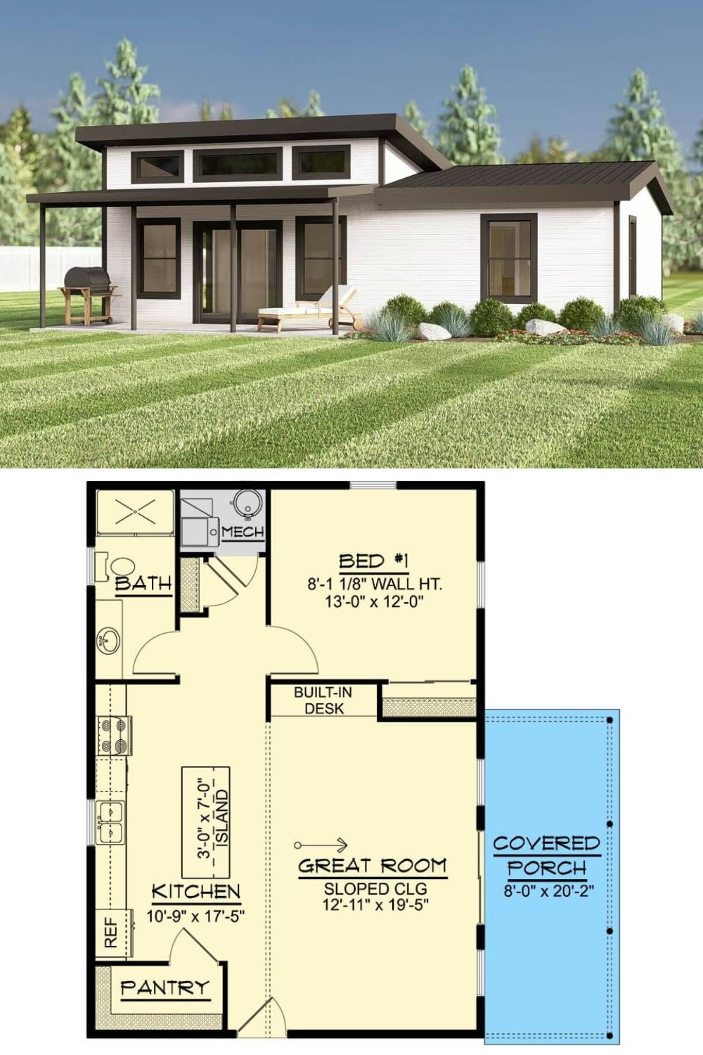 This sleek contemporary home features a minimalist exterior defined by clean lines, a mono-pitched roof, and a sophisticated black-and-white palette. The contrasting trim frames the windows and doors with bold definition, while a covered porch supported by slender posts adds both function and aesthetic balance to the home’s streamlined profile. High transom windows under the roofline bring in ample natural light and emphasize the home's modern architectural character.