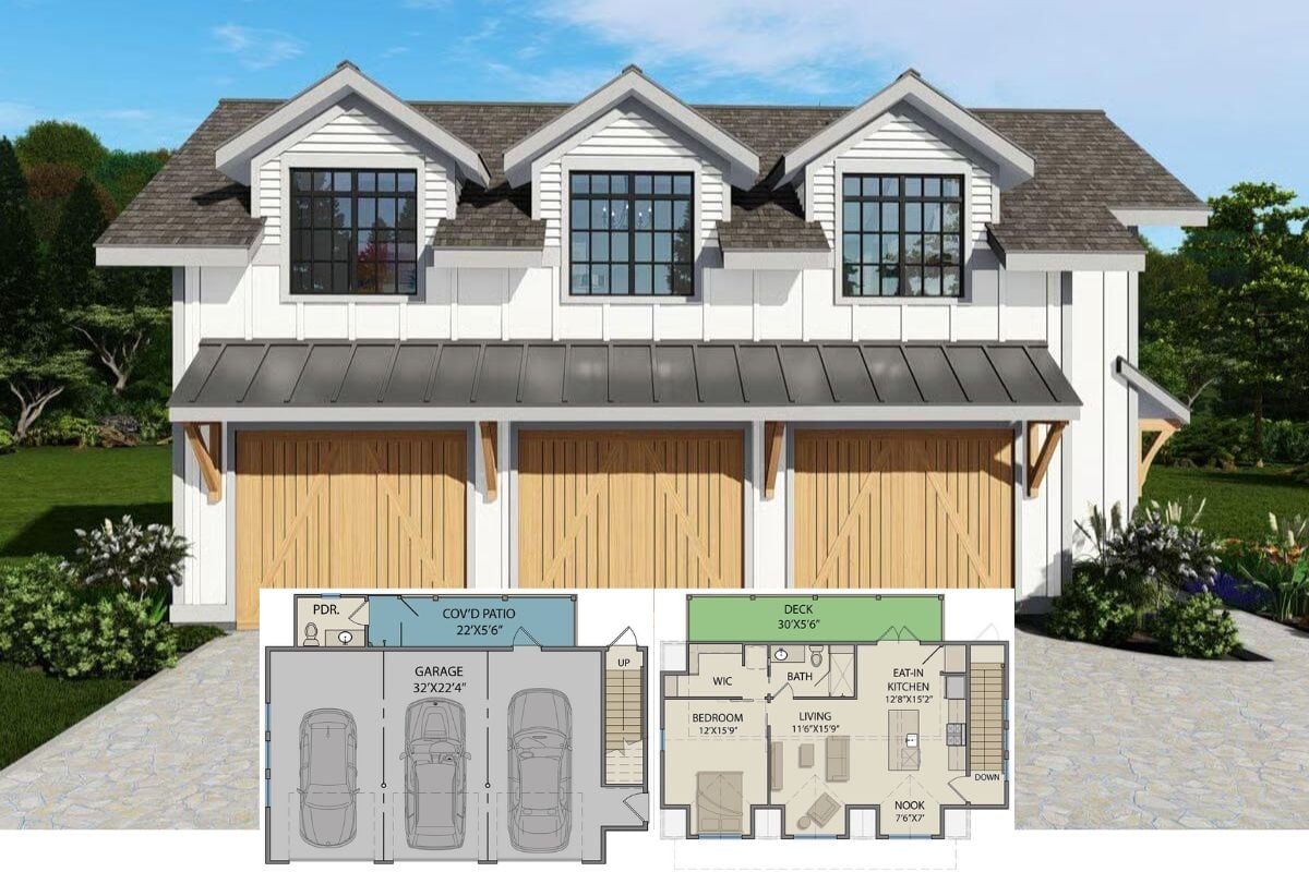 1-Bedroom New American Carriage Home with 3-Car Garage and Covered Patio (Floor Plan)