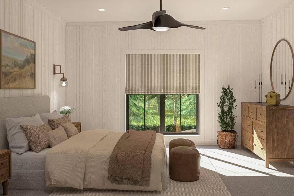 Stylish Bedroom with Striking Ceiling Fan and Earthy Tones