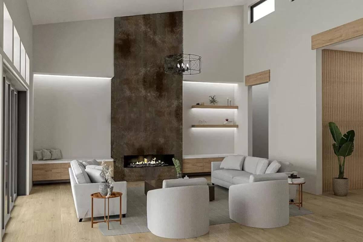 Stylish Living Room with Dramatic Stone Fireplace
