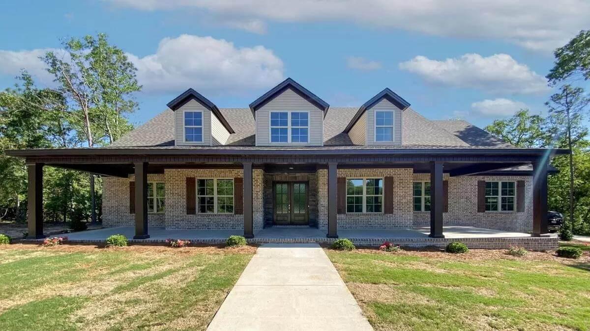 Craftsman Porch Living with Bold Brick and Deep Overhangs