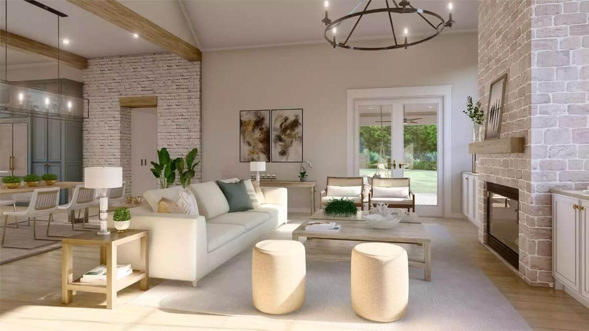 Elegantly Open Living Space with a Brick Accent Wall