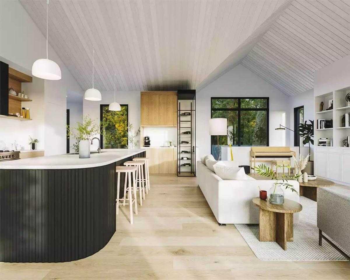 Open-Plan Living with Striking Black Island and Cozy Nooks