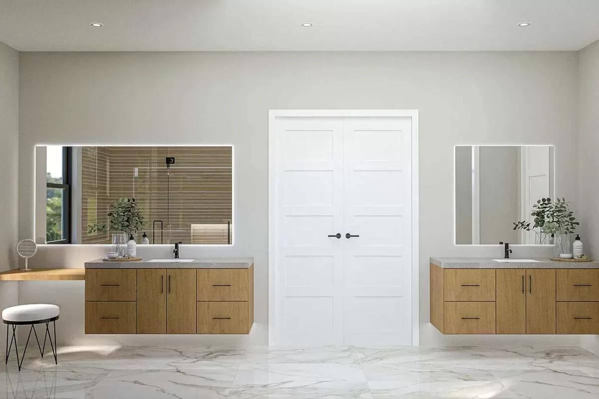 Elegant Bathroom Featuring Floating Vanities and Illuminated Mirrors
