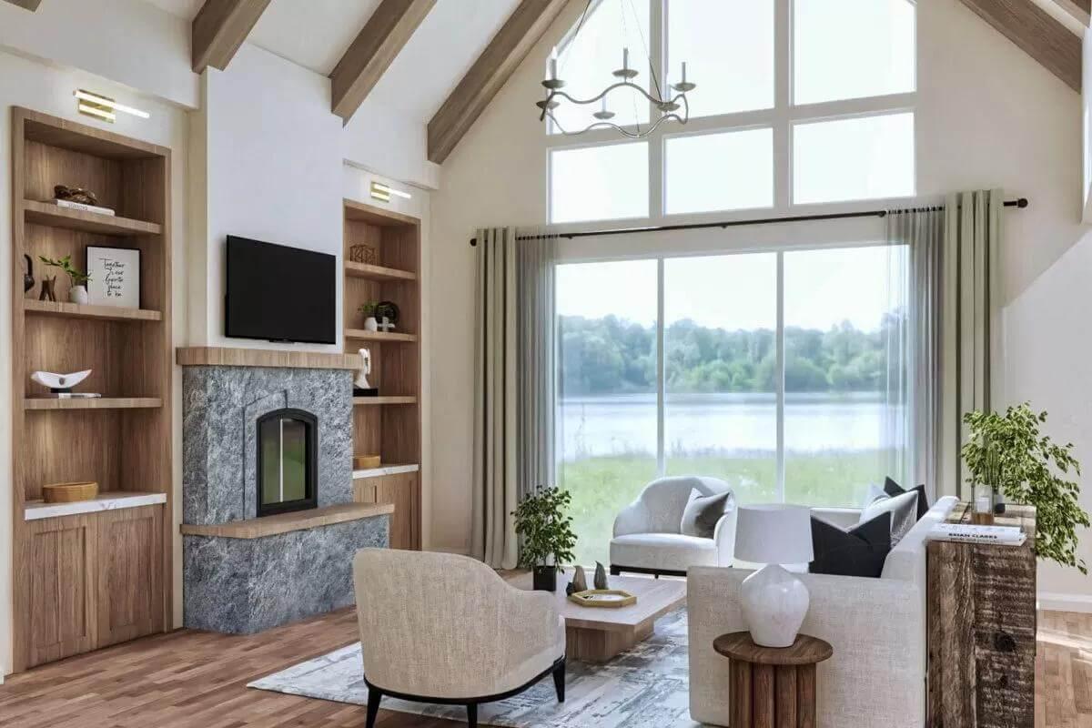 Vaulted Ceilings and Lake Views Make This Living Room a Standout