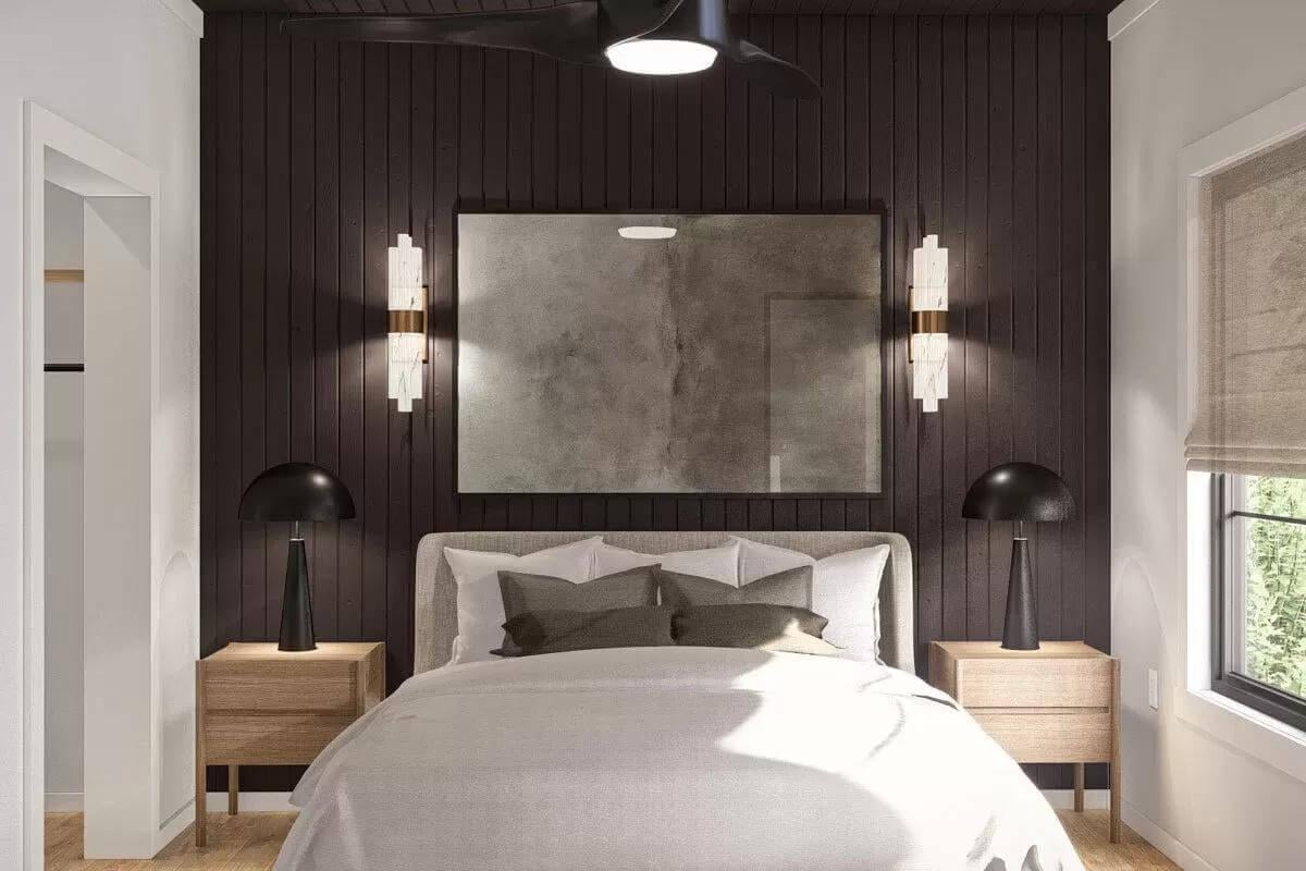 Moody Bedroom Ambiance with Striking Dark-Paneled Wall