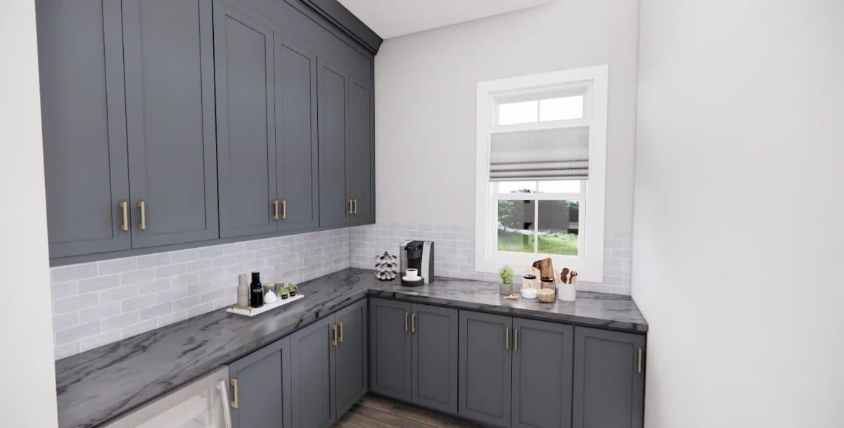 Minimalist Pantry with Sleek Gray Cabinets and Marble Countertops