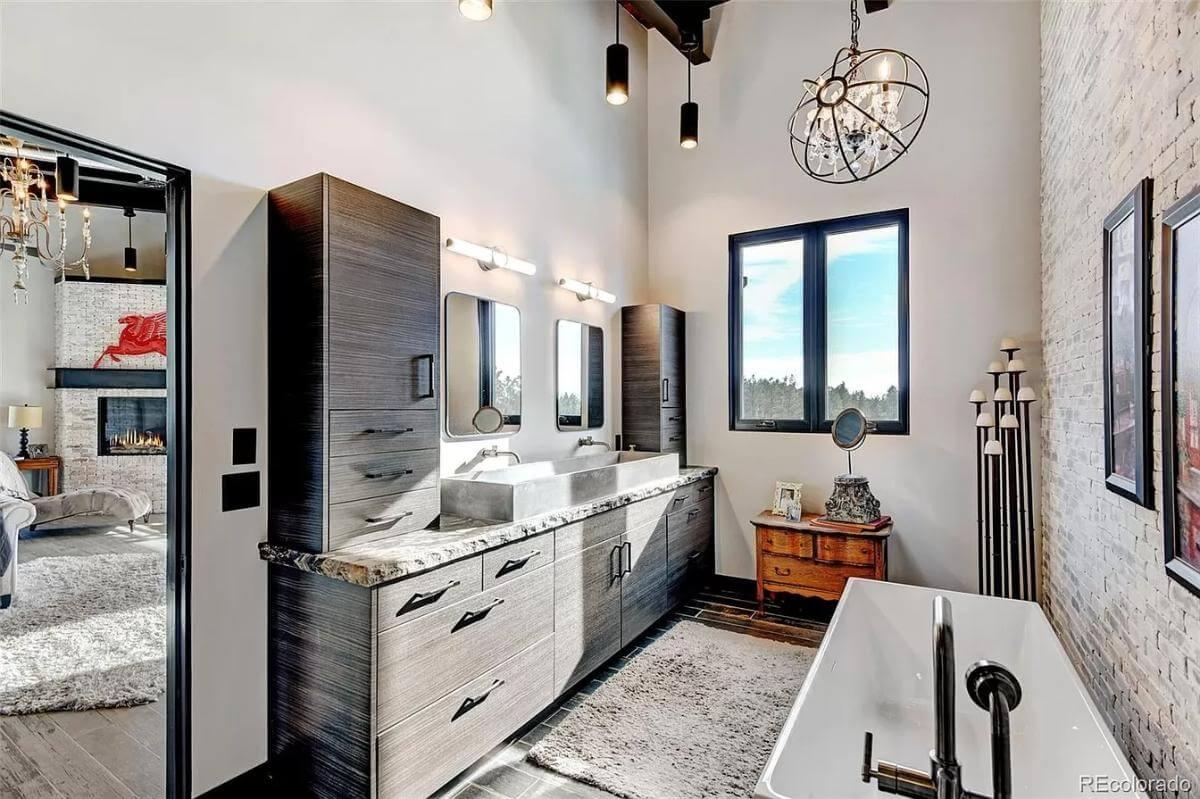 Modern Bathroom with Sleek Vanities and Bold Lighting