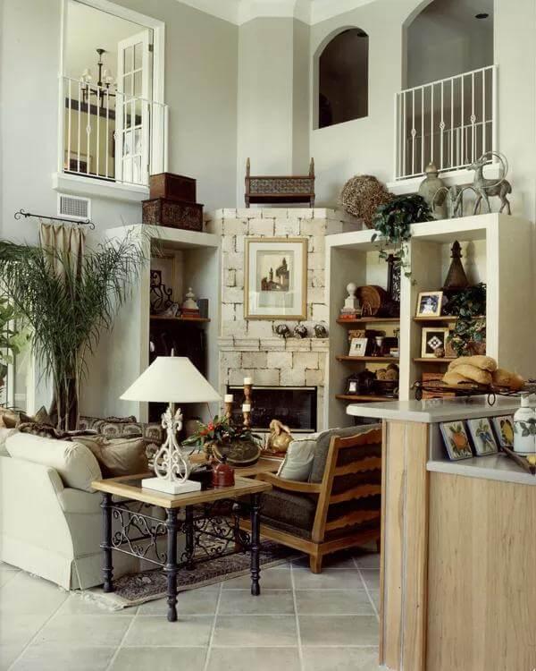 Rustic Living Room with Dramatic Stone Fireplace and Lofted View