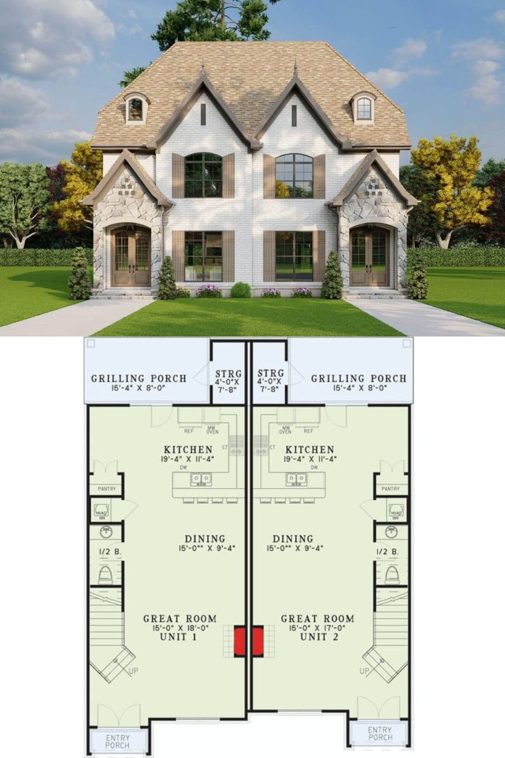 This European-style duplex features a symmetrical design with high-pitched gables, arched windows, and stone-accented entryways that create a stately presence. The light brick exterior is paired with wood shutters and warm-toned roofing, blending old-world charm with modern craftsmanship. Each unit has its own private entrance beneath a covered porch framed by stone columns, offering both curb appeal and privacy.