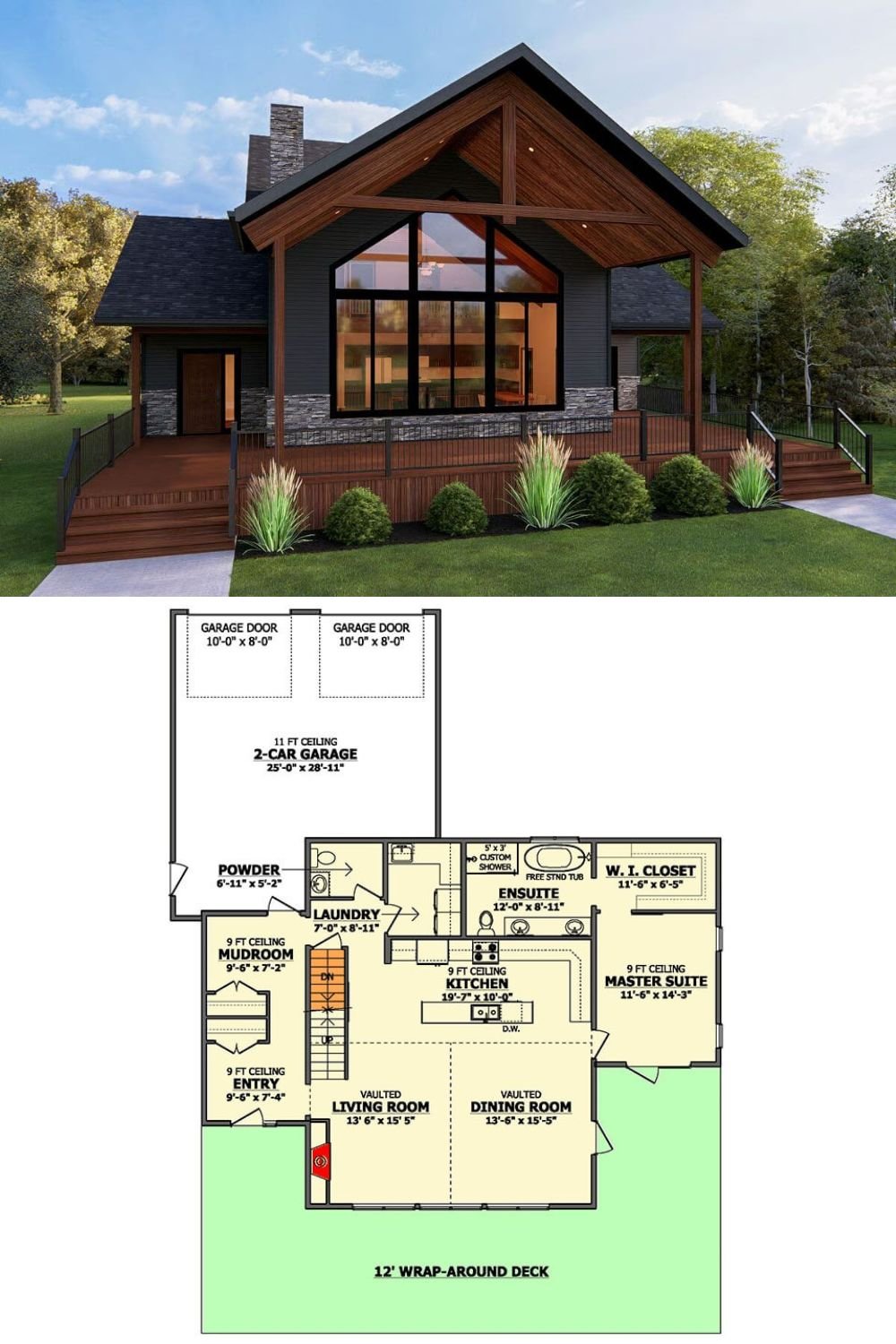 This cabin-style residence blends rustic charm with modern elegance, highlighted by a dramatic A-frame façade with expansive glass panels that flood the interior with natural light. The rich, wood-toned gables and trim contrast beautifully with the dark siding and stacked stone wainscoting, while the spacious covered deck wraps around the home, offering a seamless transition between indoor and outdoor living.