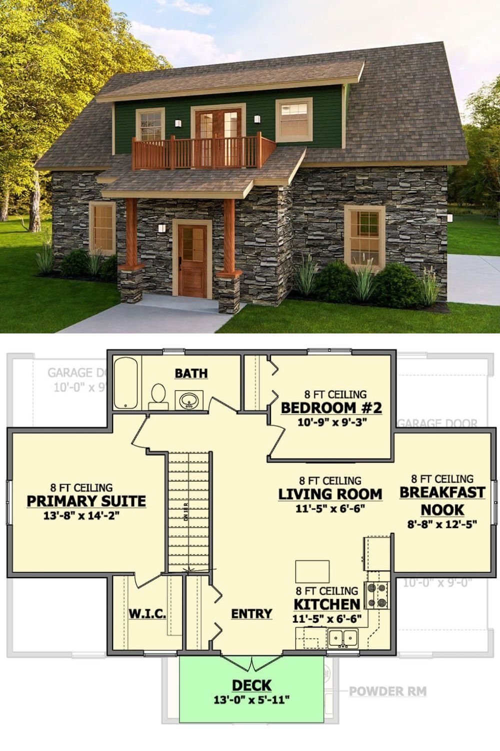 This charming carriage-style home features a warm and inviting exterior that pairs rustic stonework on the lower level with rich green horizontal siding above. A welcoming front porch with wood columns and an upper-level balcony adds character and symmetry, while multiple windows provide natural light and visual balance.