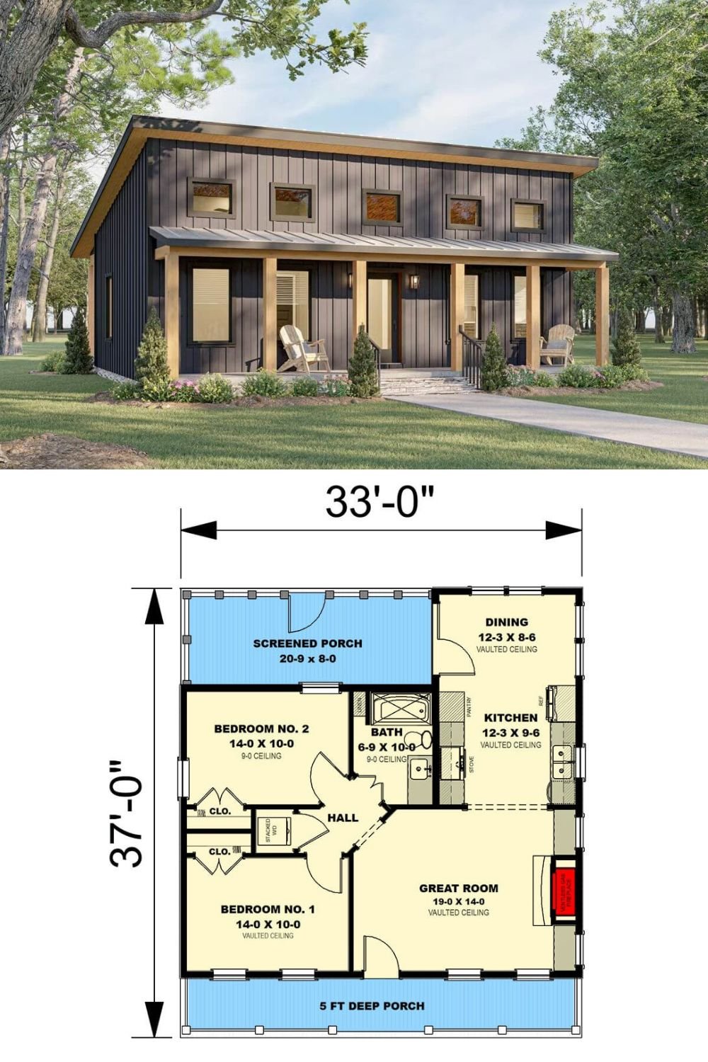 This mid-century modern cottage design showcases a sleek, minimalist exterior with clean vertical lines and dark board and batten siding, contrasted by warm wood accents. The shed roof adds architectural interest while allowing for varied ceiling heights inside. A covered front porch stretches across the façade, supported by simple wooden posts that add warmth and balance to the bold exterior. The arrangement of square transom windows across the top of the front elevation not only provides privacy but also brings in natural light, giving the home a distinctive, contemporary character.