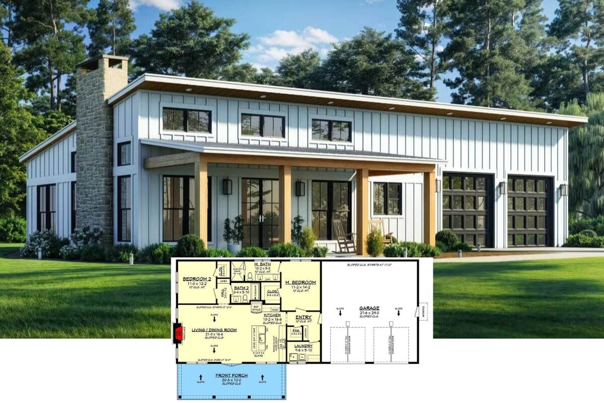 2-Bedroom Modern Farmhouse with Front Porch and Open-Concept Living (Floor Plan)