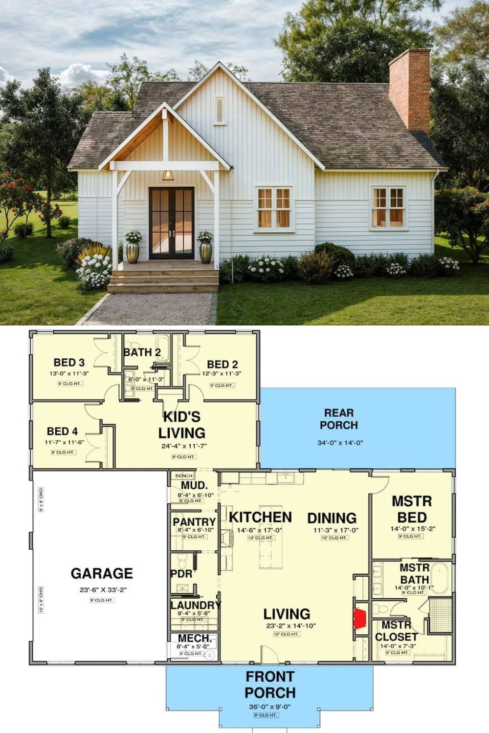 This modern farmhouse cottage blends timeless simplicity with contemporary charm. The exterior features board and batten siding painted in a soft, neutral hue complemented by traditional horizontal lap siding at the base. A welcoming gable-topped front porch is framed by exposed trusses and columns, while a French front door offers a warm and elegant entry point. The steep roof pitch and prominent brick chimney enhance the home's cottage-like silhouette, giving it both character and curb appeal.