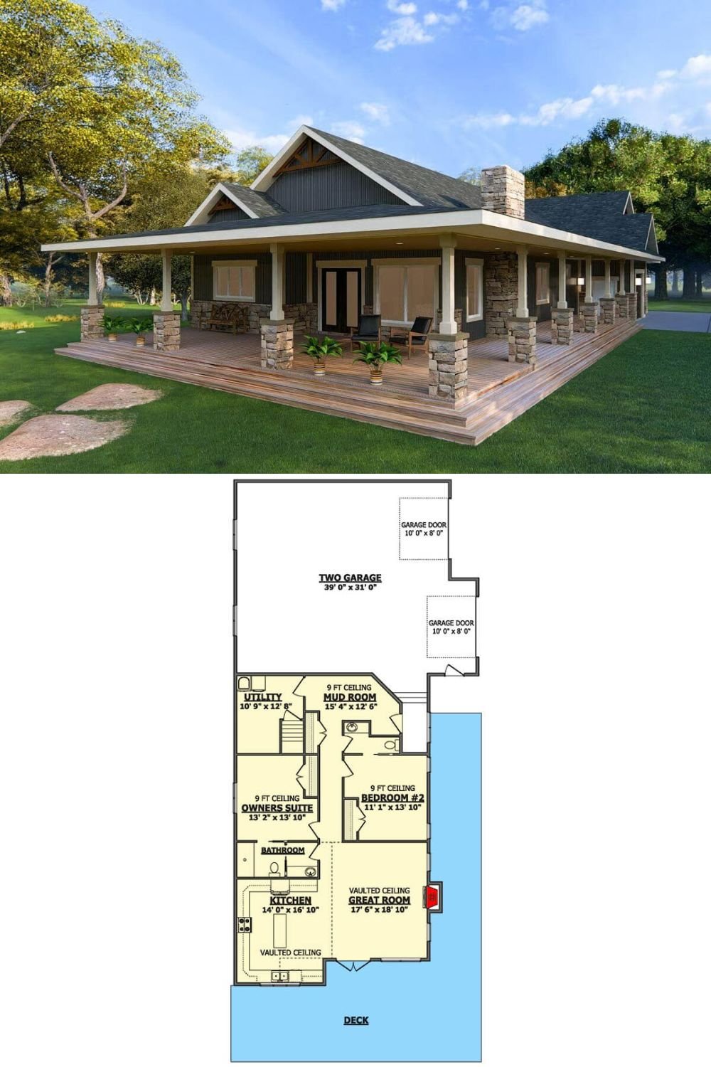 This mountain-inspired home showcases a rustic yet refined exterior with a welcoming wraparound porch supported by thick tapered columns atop stone bases. Vertical siding in earthy tones contrasts with the natural stonework, while exposed beams and decorative trusses in the gables highlight the craftsman design.