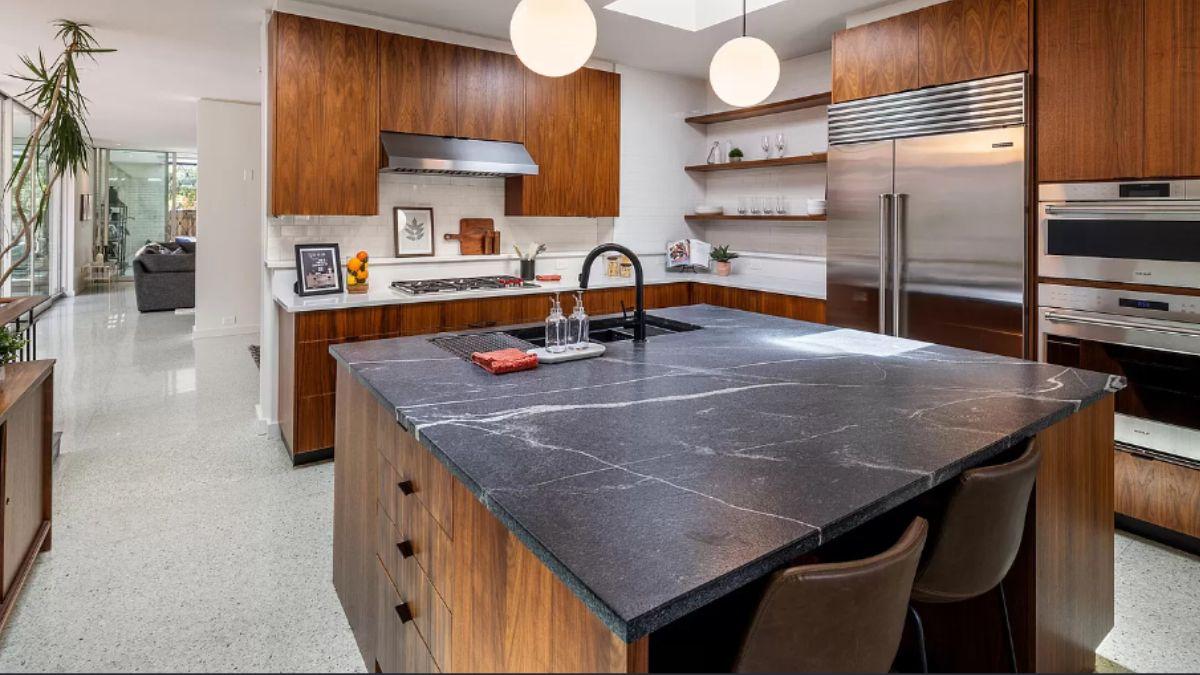 Wow, Look at That Sleek Waterfall Island in This Modern Kitchen