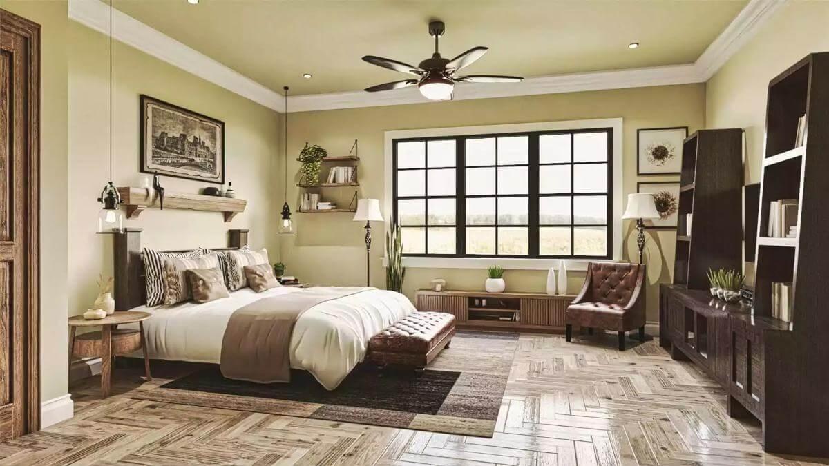 Natural Light and Herringbone Floors Highlight This Serene Bedroom