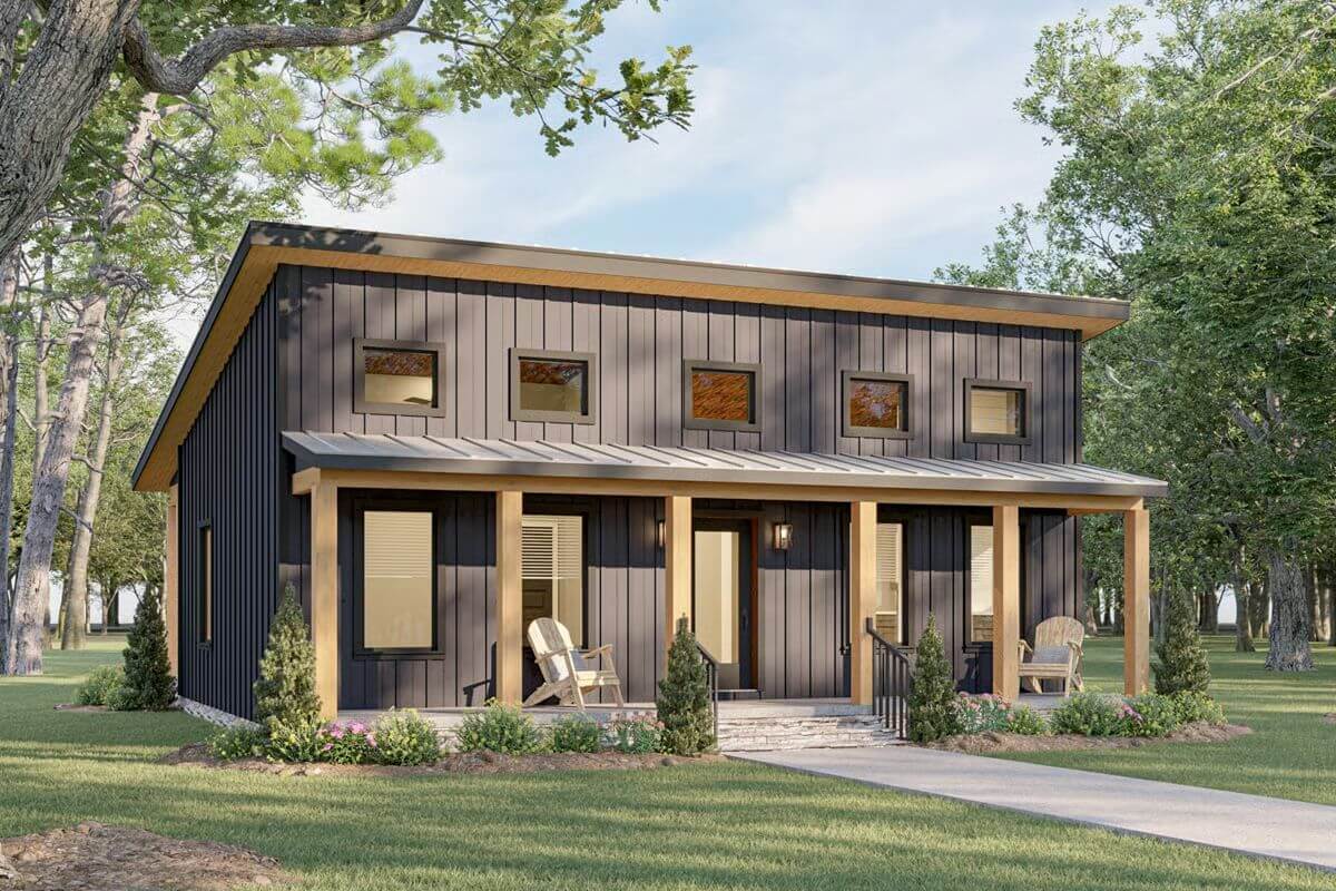 2-Bedroom Mid-Century Modern Cottage with Front and Screened Porches (Floor Plan)