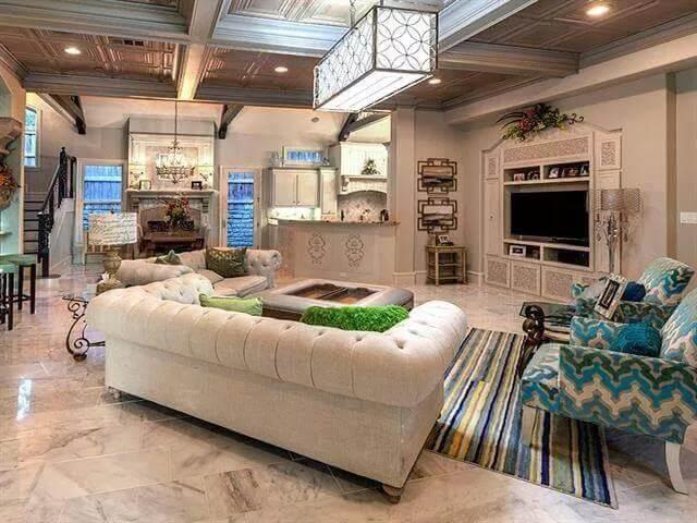 Elegant Living Room Featuring a Coffered Ceiling and Lush Textures