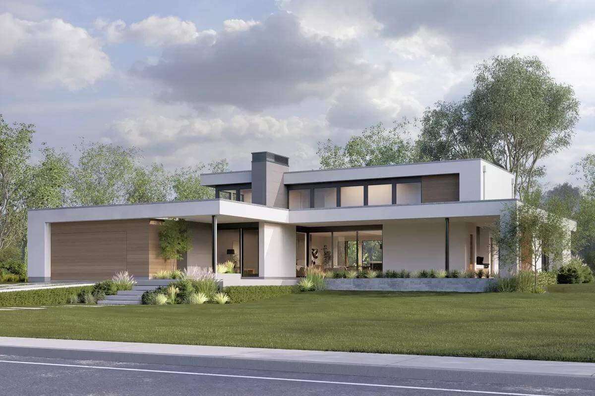 Sleek Modern Facade with Integrated Landscaping Enhances the Visual Impact