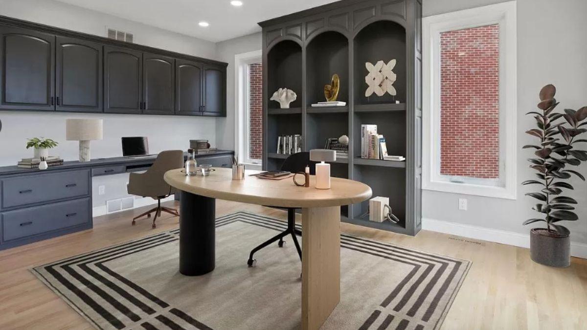Modern Workspace with Built-In Dark Cabinetry