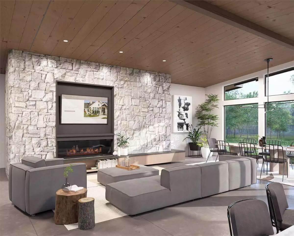 Discover the Modern Living Space with a Striking Stone Fireplace