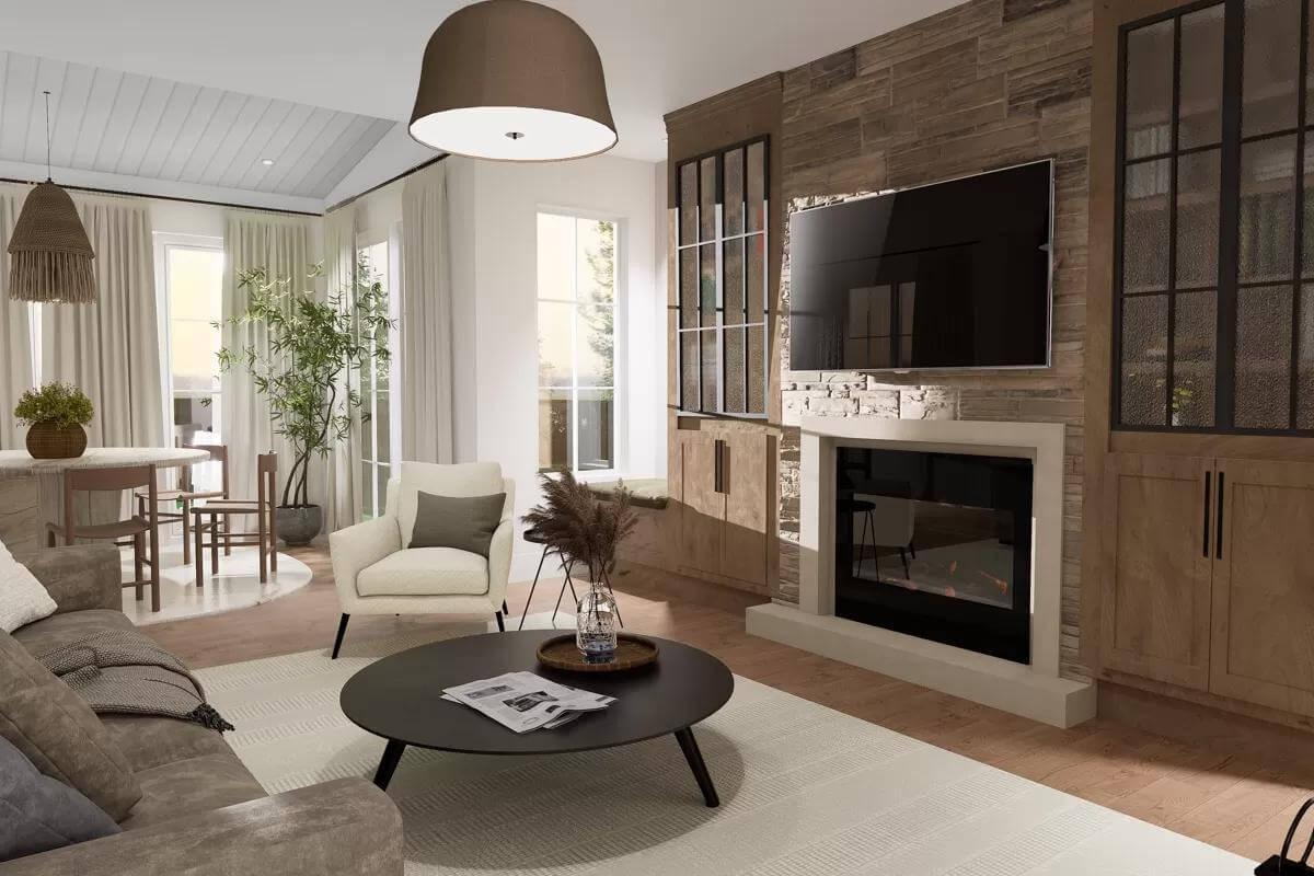 Cozy Living Room with Textured Cabinetry and a Stone Fireplace