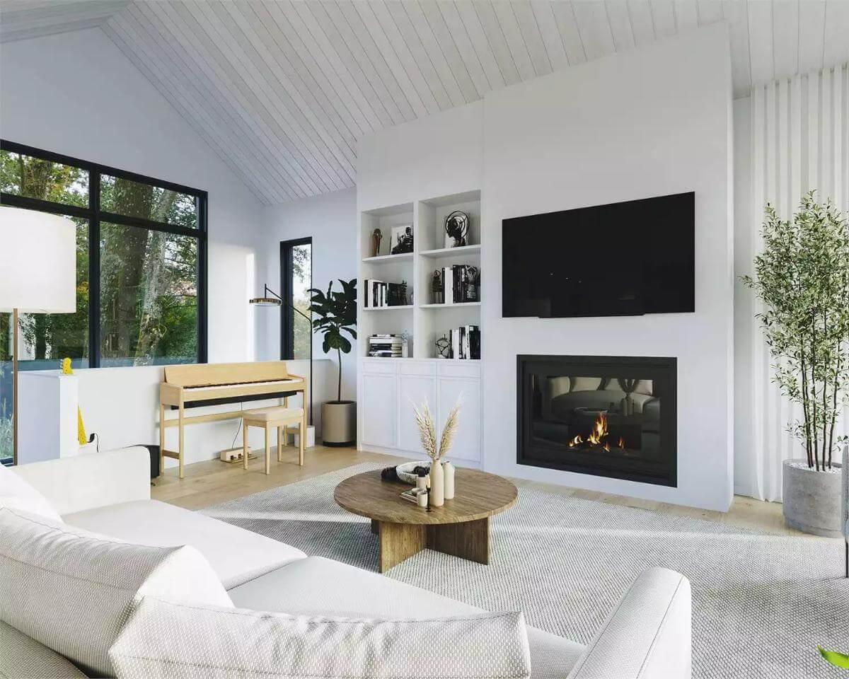Bright Family Room with Vaulted Ceiling and Fireplace Charm