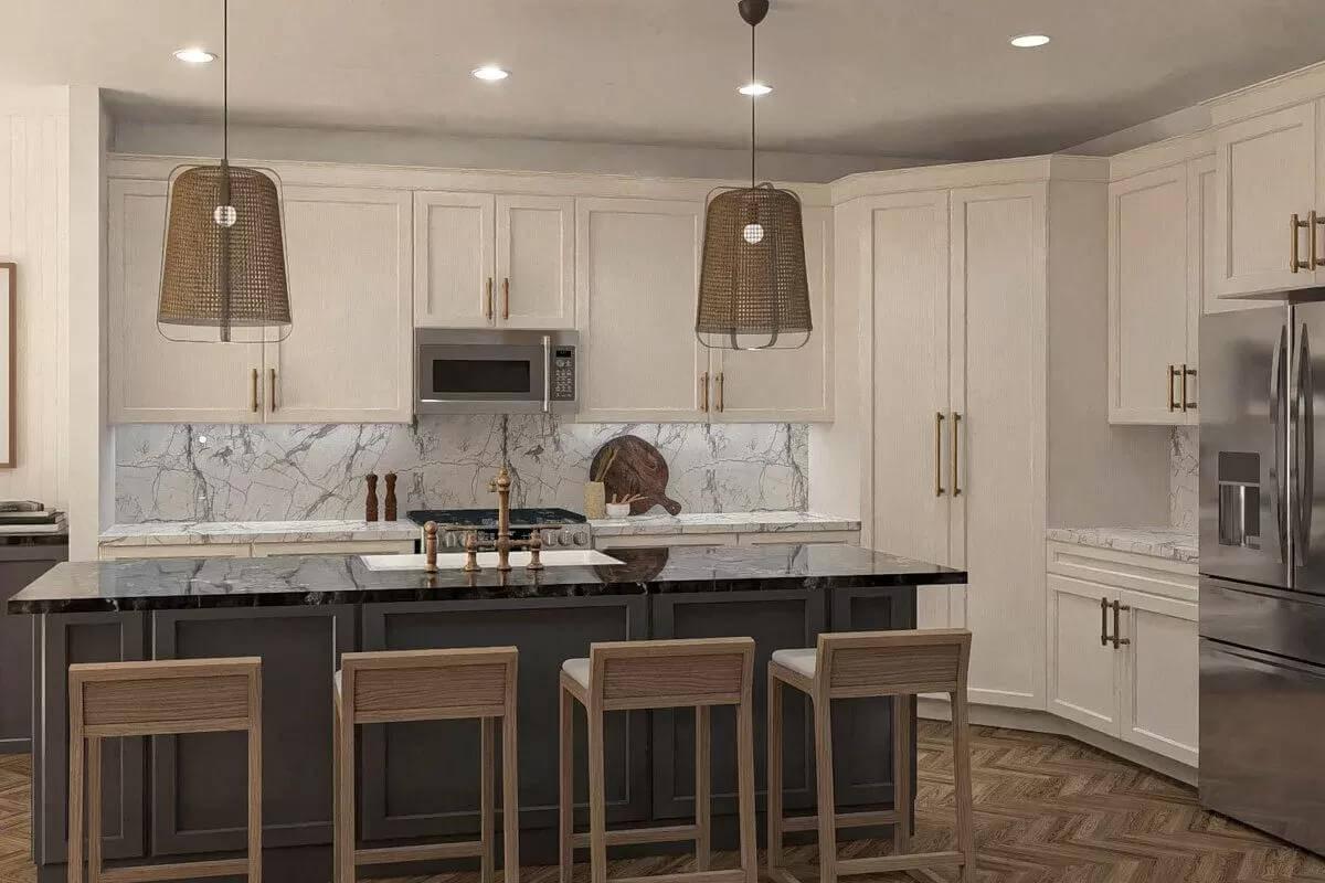 Kitchen with Wicker Pendants and Marble Backsplash