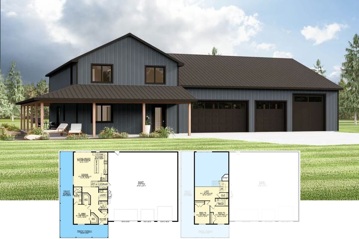 Barndominium-Style 3-Bedroom Home with Loft and Wraparound Porch (Floor Plan)