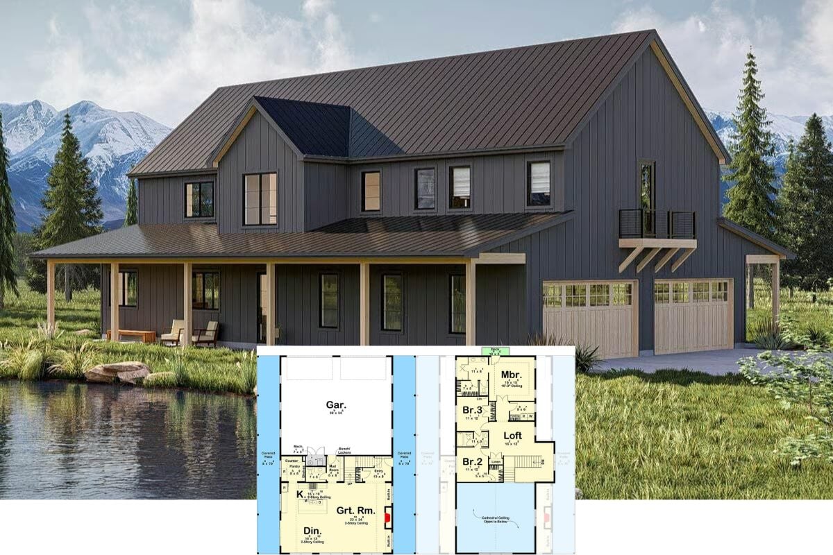 Barndominium-Style 3-Bedroom Home with Covered Patios and a Loft (Floor Plan)