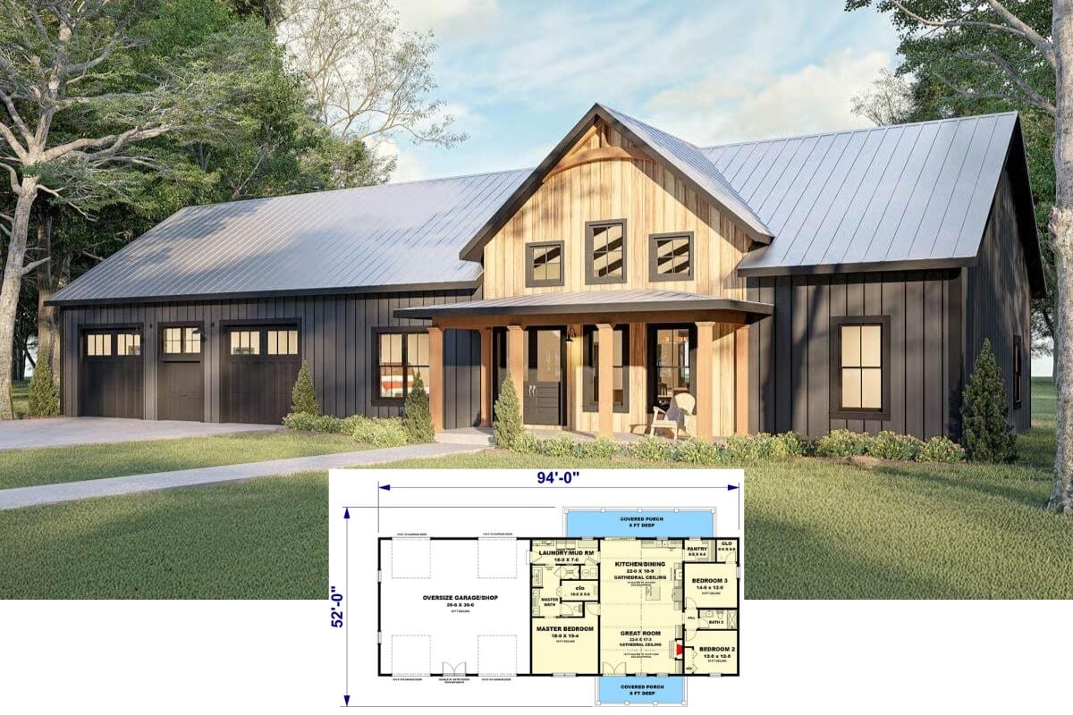 Barndominium-Style 3-Bedroom Home with Open Living Space and Oversized 4-Car Garage (Floor Pllan)