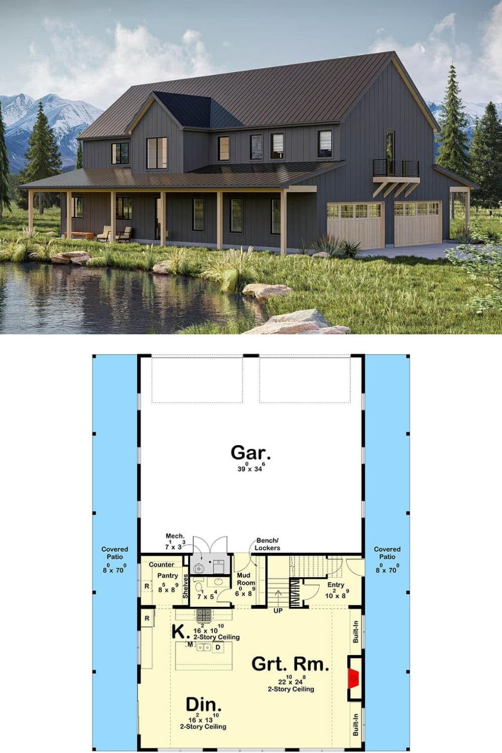 This barndominium-style residence showcases a striking modern farmhouse aesthetic with vertical siding in a deep, rich tone contrasted by light wood garage doors and natural wood columns. A sleek metal roof enhances the rustic-meets-modern character, while large windows and a modest upper-level balcony contribute to the home's inviting yet bold profile. The expansive dual porches add charm and ample space for outdoor enjoyment under shelter.