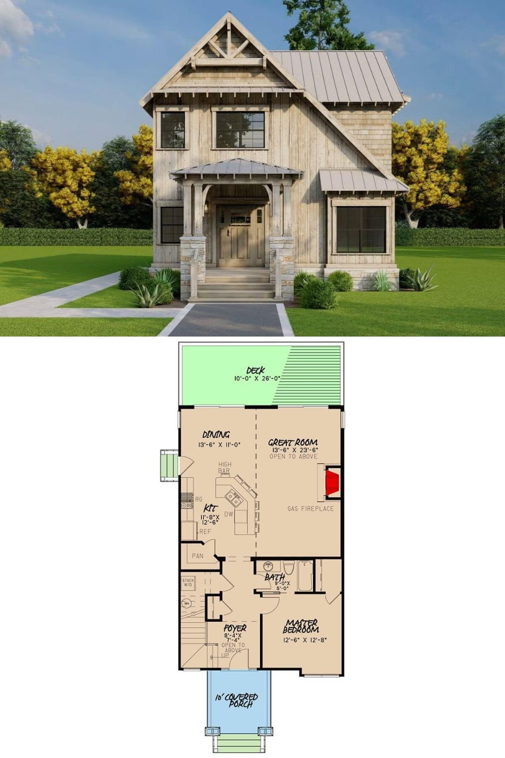 This charming eclectic cottage pairs rustic elegance with cozy architectural features. Its exterior highlights weathered wood siding, stone-based columns, and board-and-batten details that blend beautifully with the steeply pitched metal roof. A welcoming front porch with exposed beams and sturdy posts draws you into the home, offering a classic and comfortable presence with a timeless appeal.