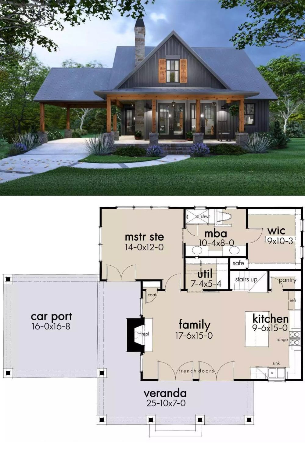 This charming farmhouse features a modern rustic exterior with striking contrasts. Dark vertical siding is paired with rich wood accents, including exposed beams and columns supporting the wide front veranda. The steeply pitched metal roof adds a contemporary flair while maintaining a classic farmhouse silhouette. Shuttered windows and a prominent central chimney enhance its traditional aesthetic, while the expansive covered front porch with French doors invites relaxation and indoor-outdoor living.