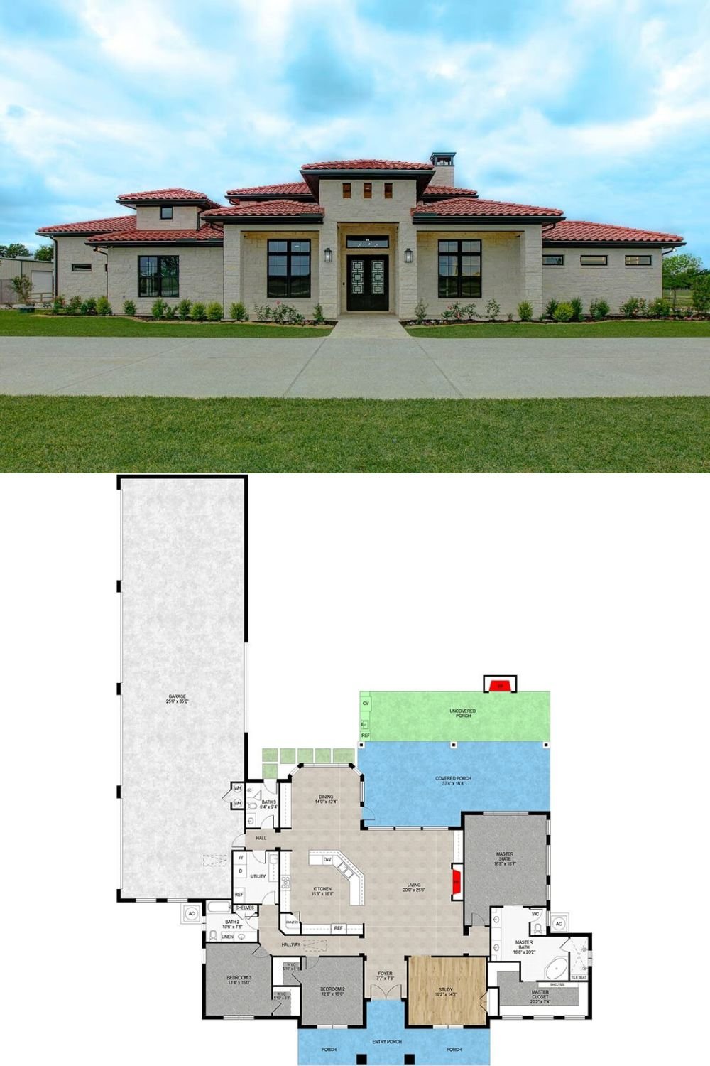 This Mediterranean-style home showcases a striking façade characterized by its crisp stucco exterior and tiered terracotta tile roofing. Bold black-framed windows punctuate the symmetrical architecture, drawing the eye toward a recessed entry flanked by twin sconces and a geometric-patterned double door. The central tower element above the entry lends a stately profile, while the shallow overhangs and soft earth-toned palette maintain a relaxed, coastal charm.