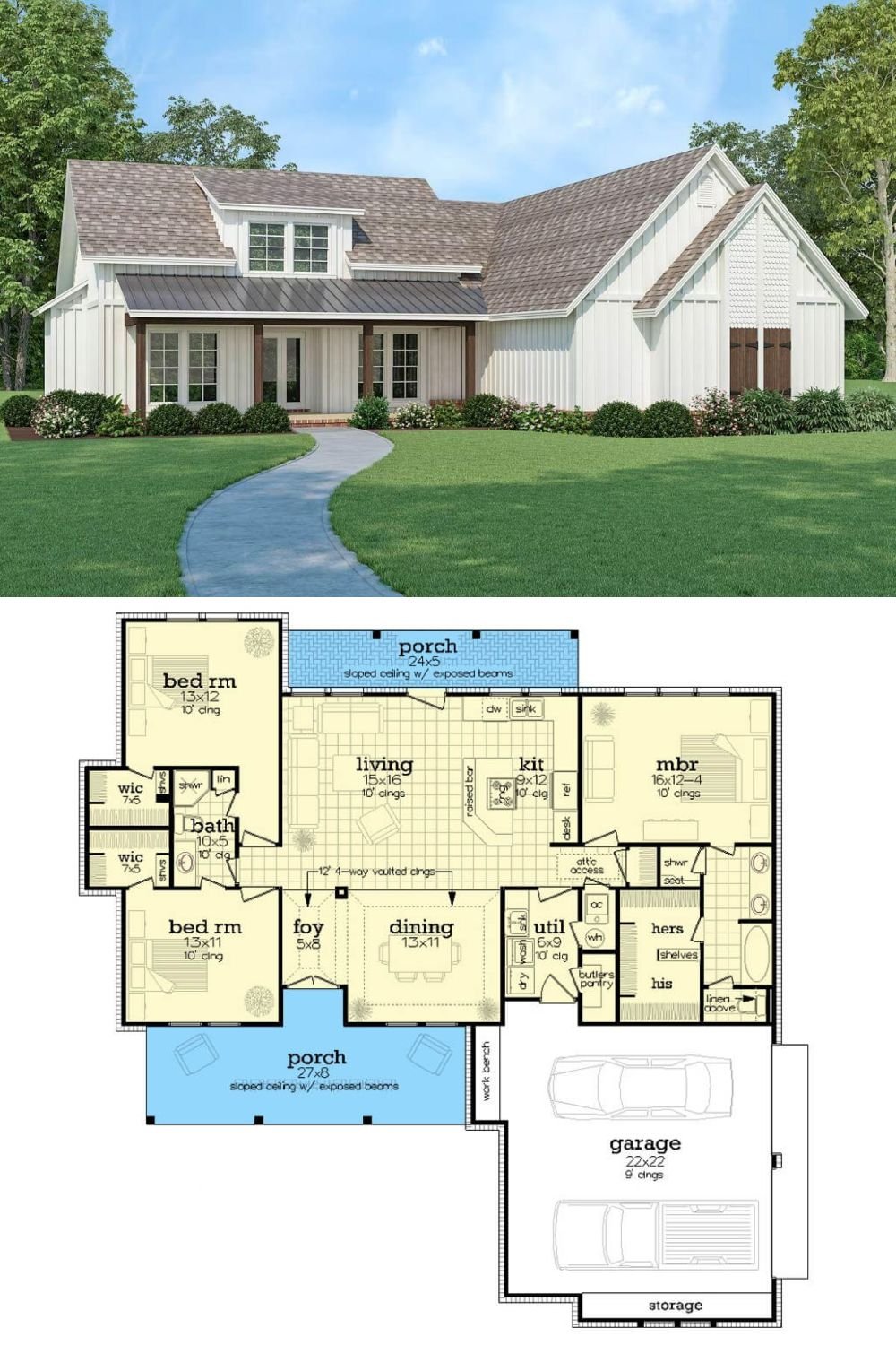 This modern farmhouse presents a clean and inviting exterior with white board and batten siding, a steep gabled roofline, and dark wood columns supporting the covered front porch. Architectural details like the dormer window, shingled accent siding, and vertical barn-style elements lend a charming farmhouse character while maintaining a refined, modern simplicity.