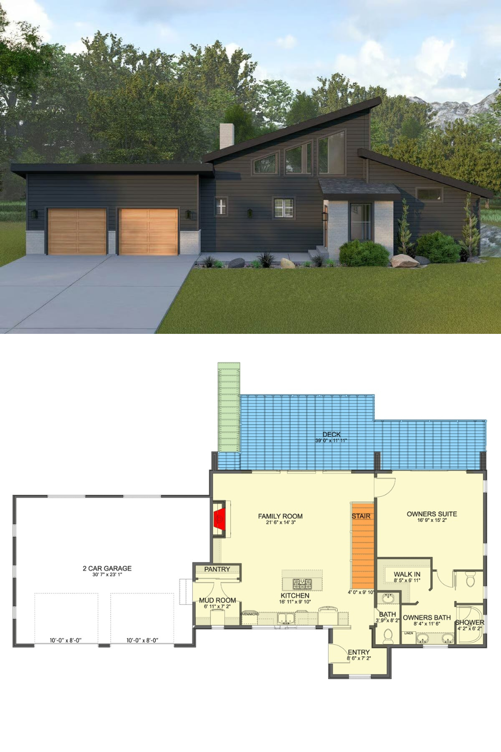 This modern mountain home exudes a striking architectural presence with its bold, asymmetrical rooflines and a blend of dark siding and natural wood garage doors. A covered entryway adds depth to the façade, while clerestory and trapezoidal windows provide a unique design accent and infuse the interior with natural light.