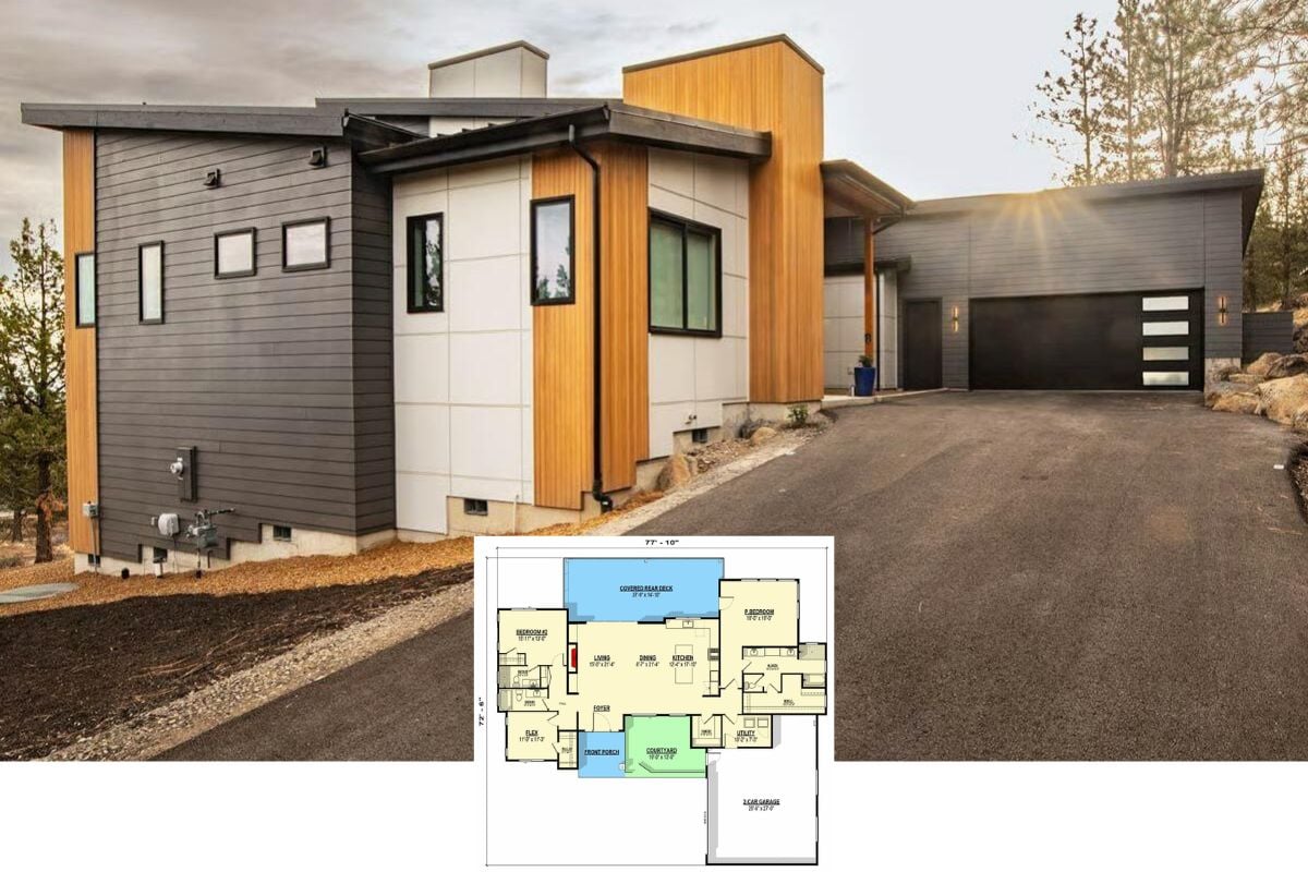 Modern-Style 3-Bedroom Home with Courtyard and Covered Patio (Floor Plan)