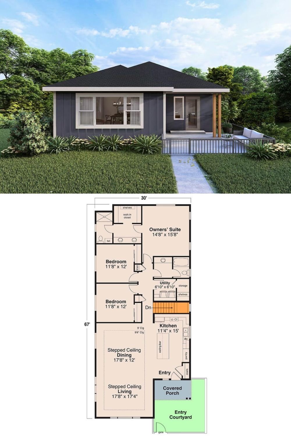 This compact prairie-style home features a balanced and modern exterior defined by its low-hipped roof, minimalist trim, and board and batten siding in a dark, contemporary tone. The covered front porch is supported by clean wooden posts and opens to a modest outdoor seating area, enclosed with a sleek railing that enhances the sense of privacy and warmth. Wide front windows and a glass entry door allow light to stream into the interior while maintaining the home's geometric symmetry and modern appeal.