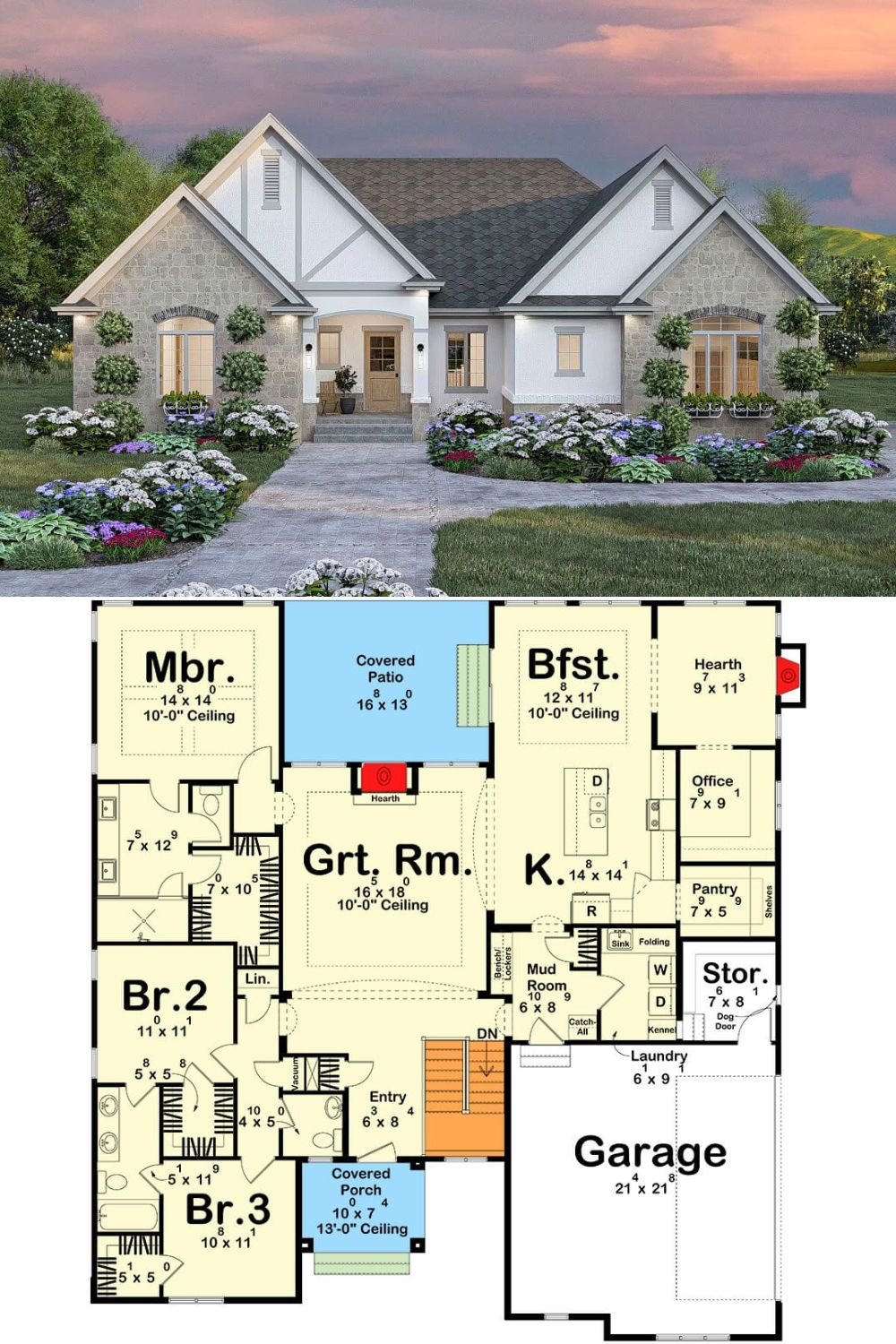 This traditional European home blends classic architectural elements with refined elegance. Its front elevation is defined by steep gabled roofs, mixed exterior materials including stone and smooth stucco, and symmetrical lines that highlight the entryway. Decorative timber accents, shutter-style vents, and arched stonework above the windows contribute to the home’s timeless curb appeal, while soft, neutral tones maintain a serene and upscale aesthetic.