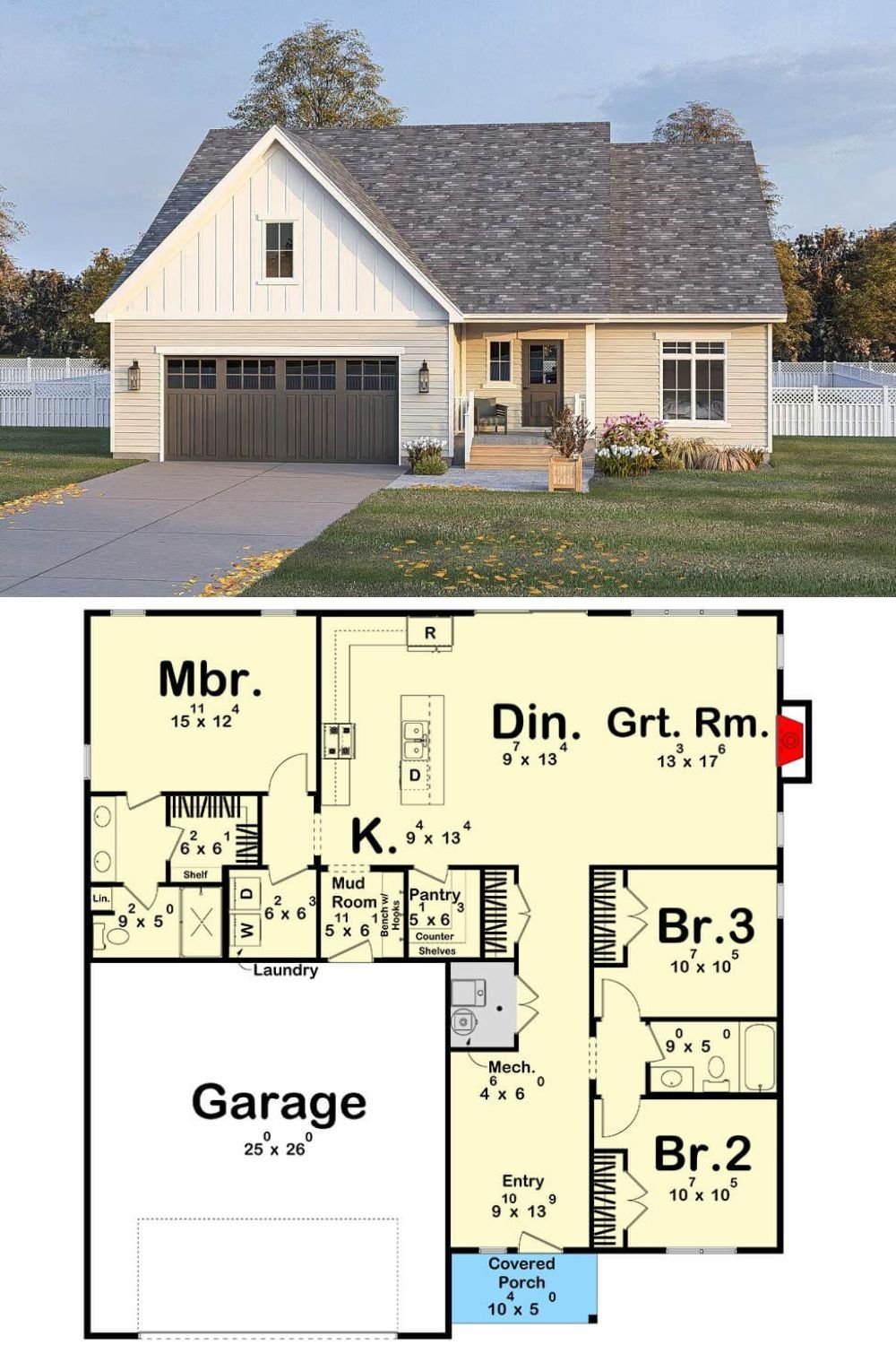 This traditional-style home features a charming and modest exterior with a blend of horizontal and vertical siding in soft neutral tones. A front-facing gable adds a touch of farmhouse influence, while the deep overhang and inviting covered porch offer warmth and curb appeal. The front porch is supported by square columns and provides a welcoming entrance, and the attached two-car garage features classic paneled doors with windows, enhancing the home’s balanced design.