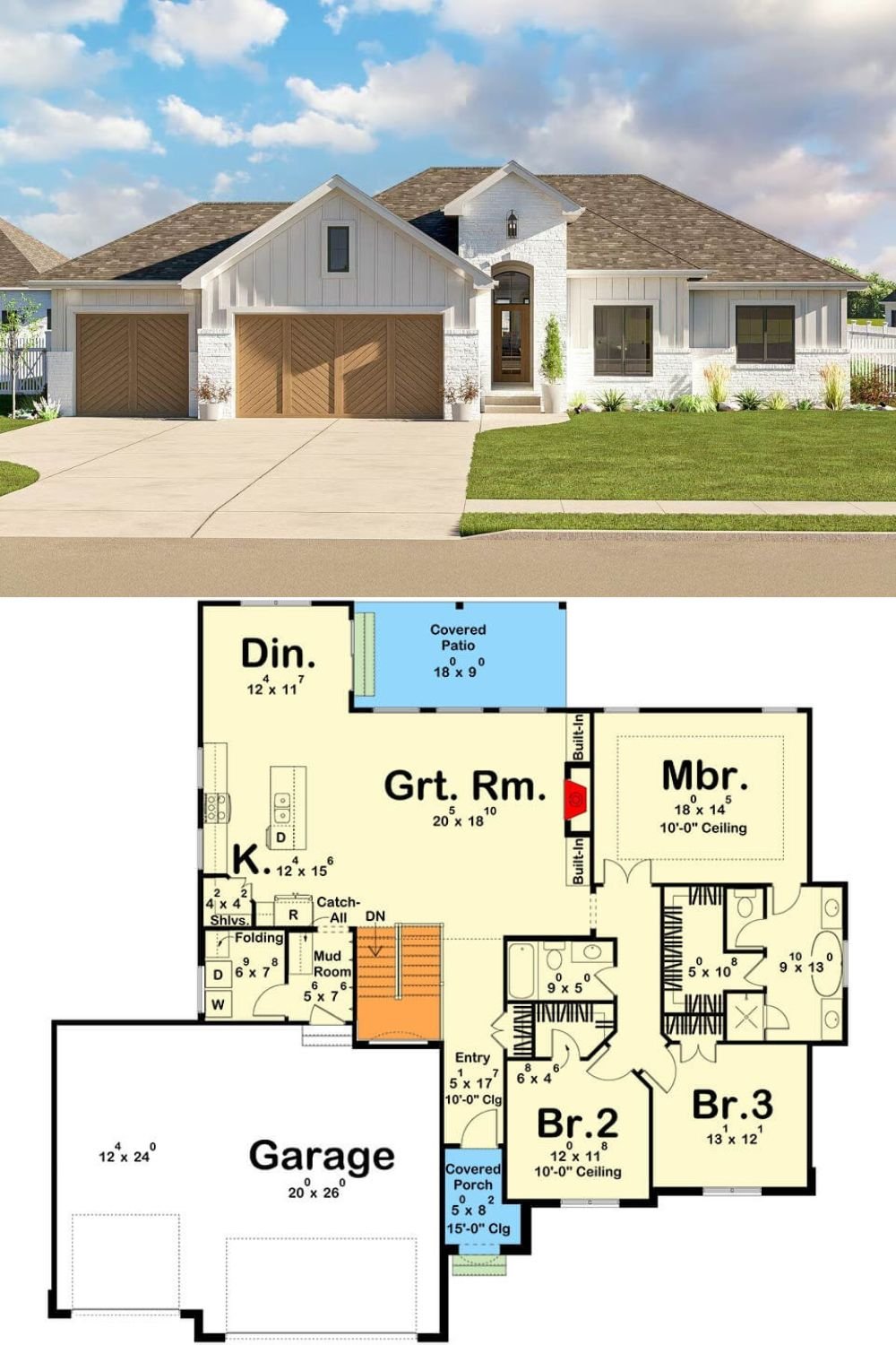 This traditional-style home features a clean and inviting exterior with a balanced mix of white brick and board and batten siding. The arched entryway provides a welcoming focal point, while the gabled rooflines and wood-accented garage doors lend warmth and texture to the overall look. Black-framed windows contrast elegantly against the white façade, creating a modern, timeless appeal.